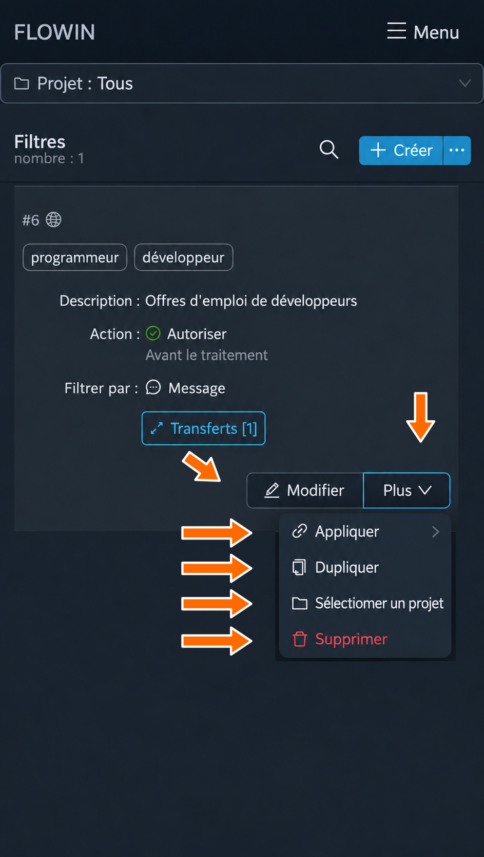 Actions sur le filtre dans le menu « Plus »
