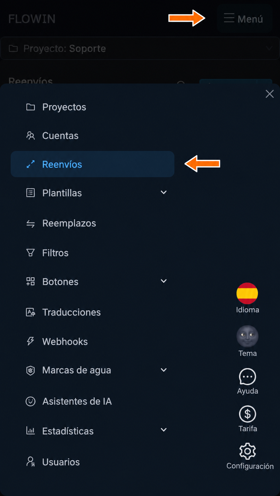 Sección de reenvíos para configurar los avisos
