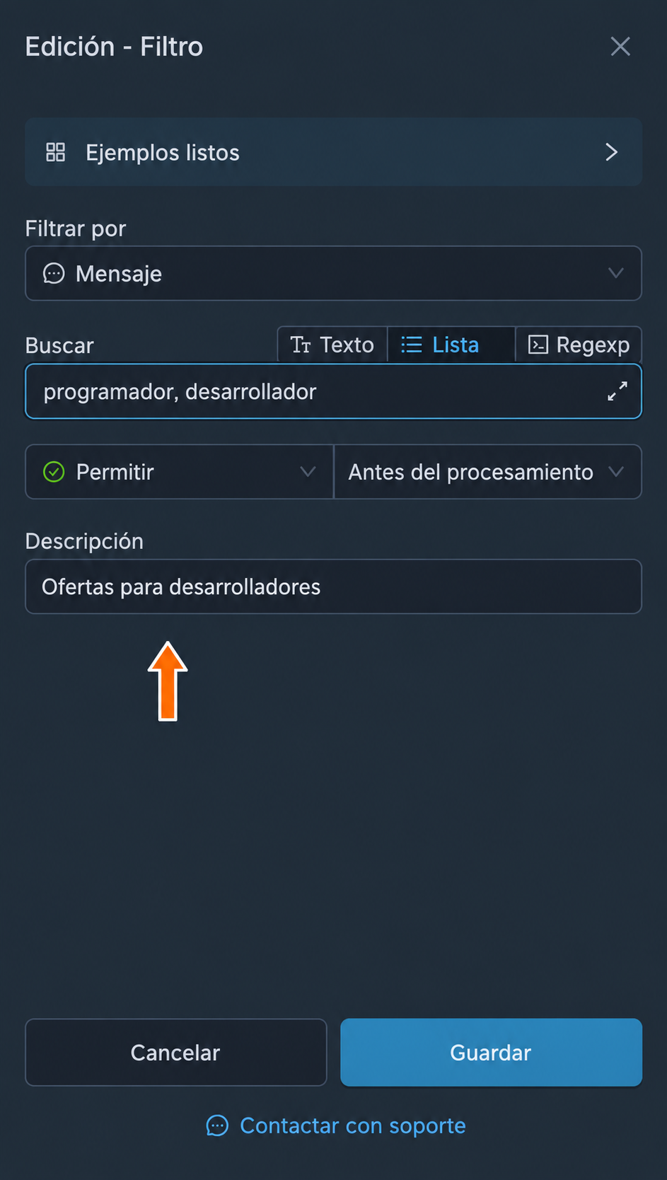Descripción opcional del filtro