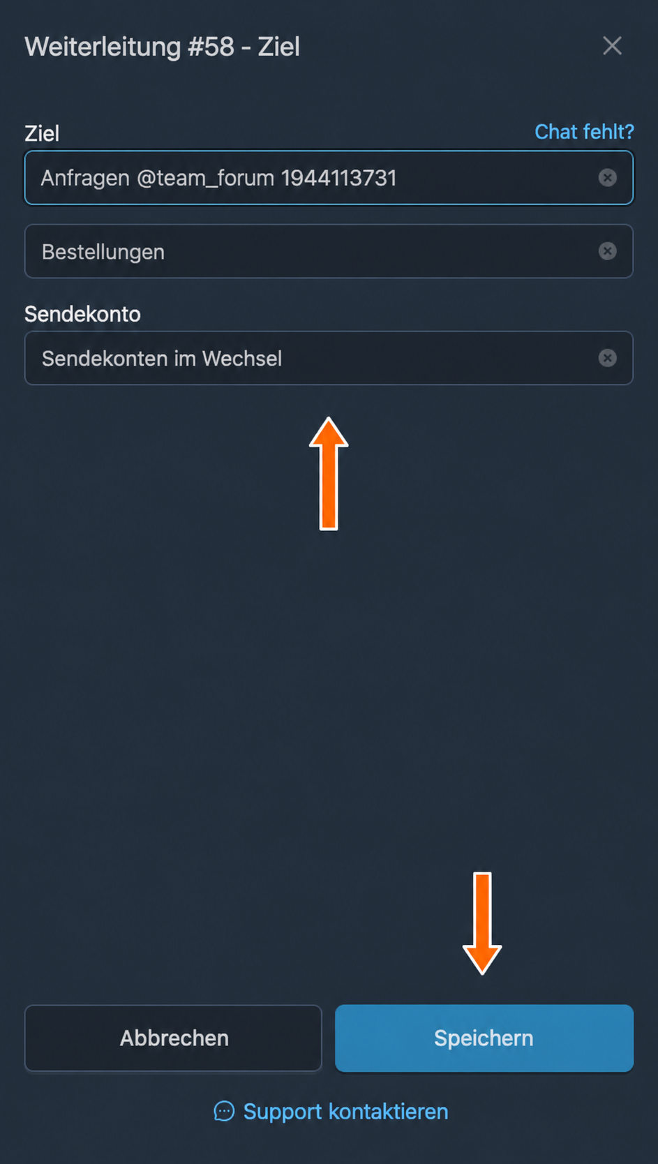 „Sendekonten im Wechsel“ in den Zieleinstellungen