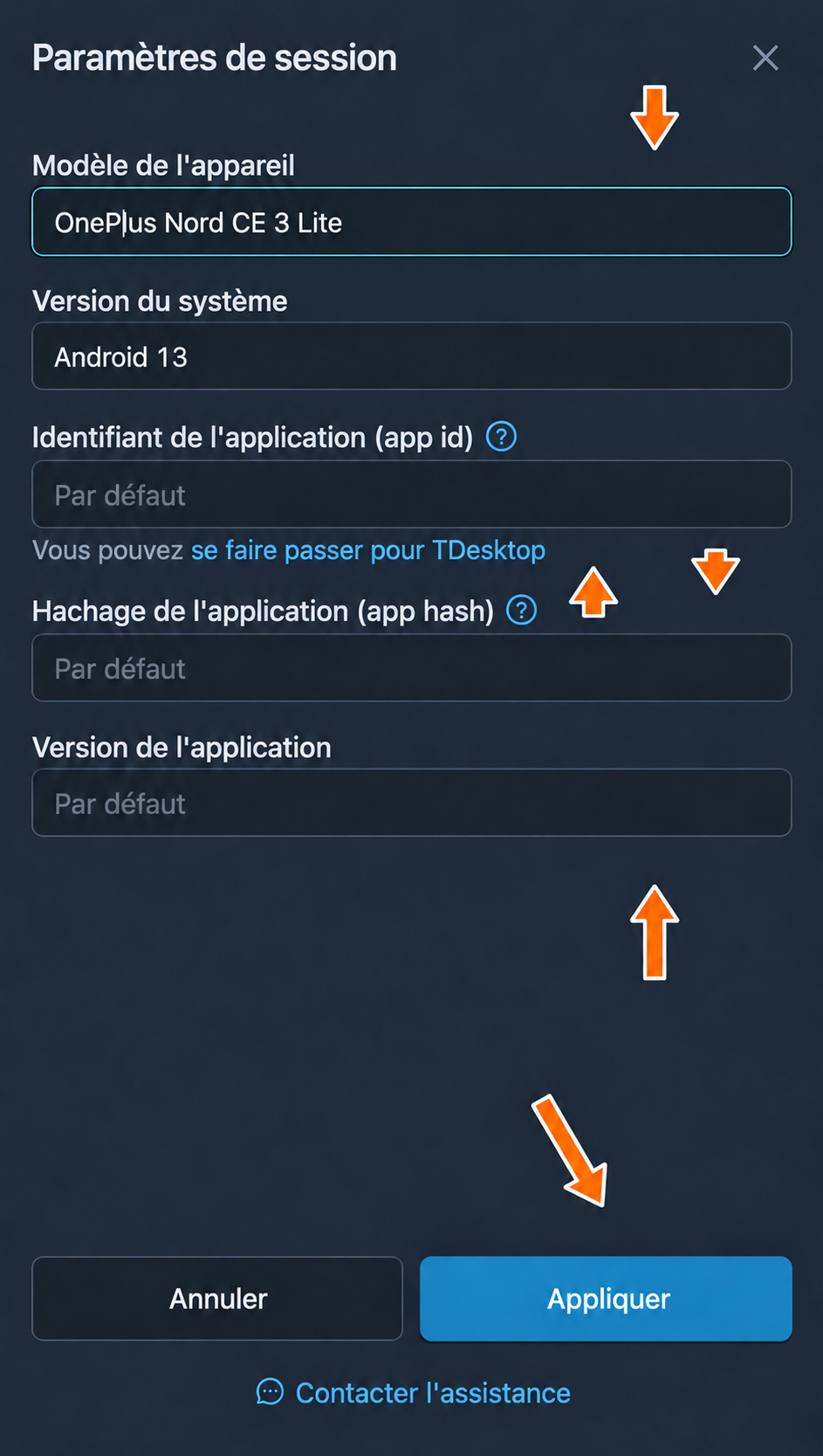 Modèle de l’appareil, système et données de l’application dans les paramètres de session