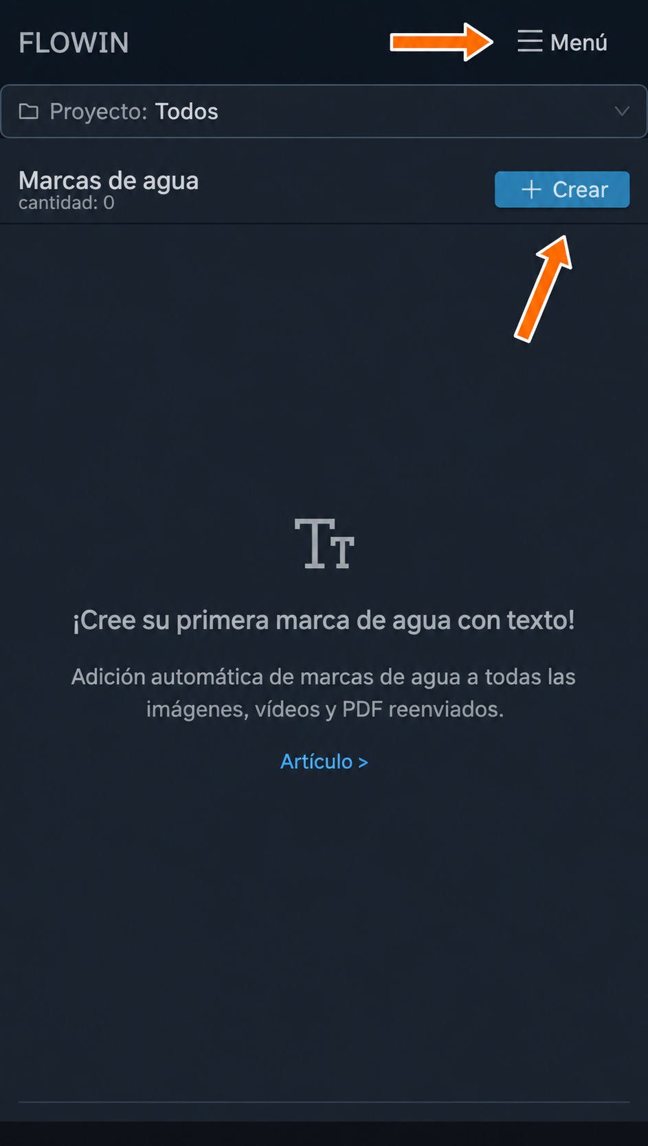 Botones «Menú» y «Crear» en la página de marcas de texto