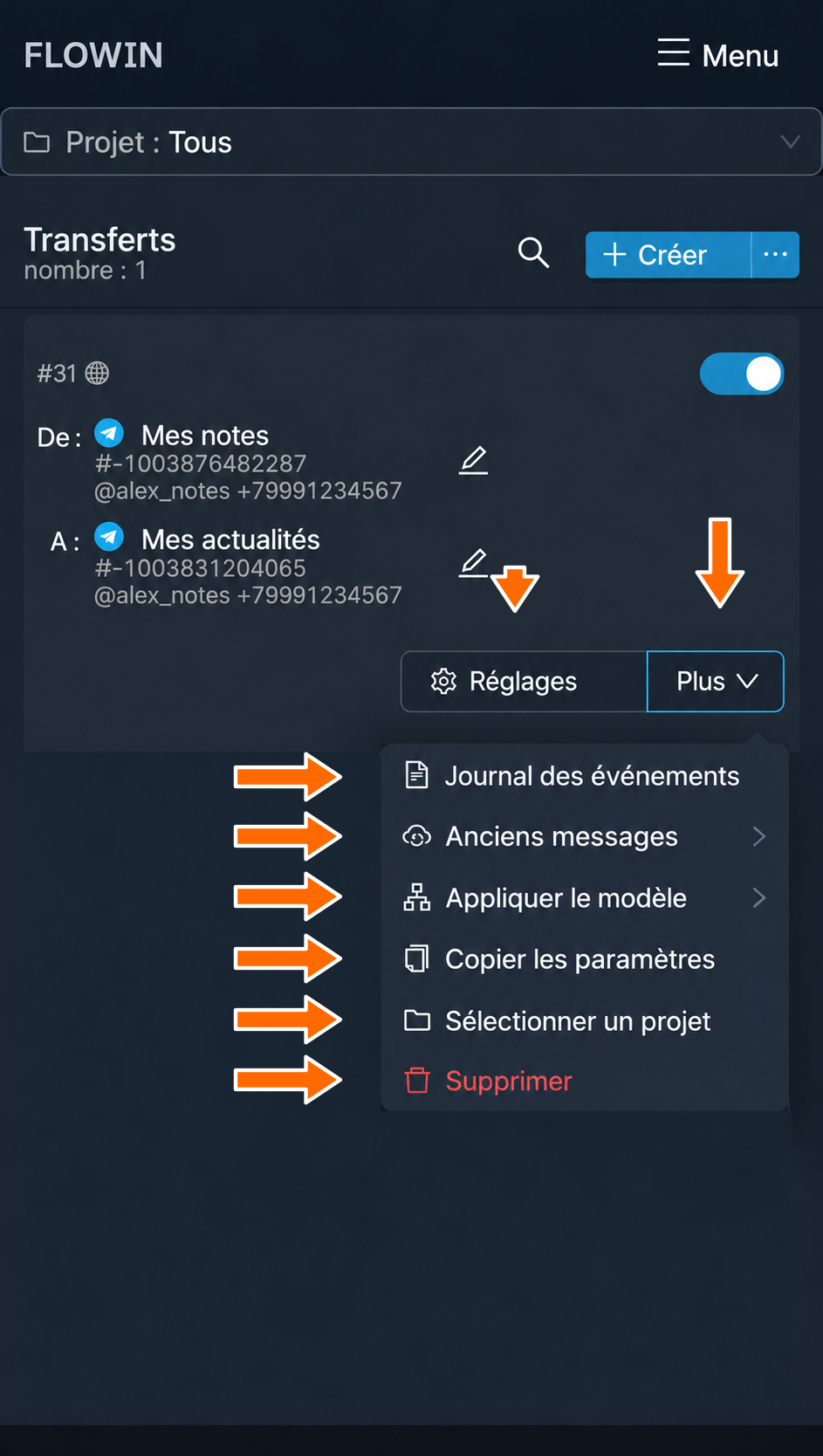 Actions sur un transfert