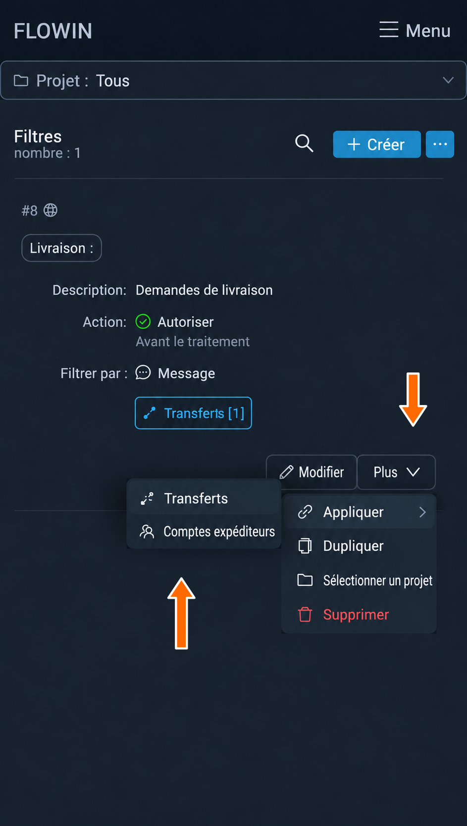 L’option « Comptes expéditeurs » dans le menu d’application