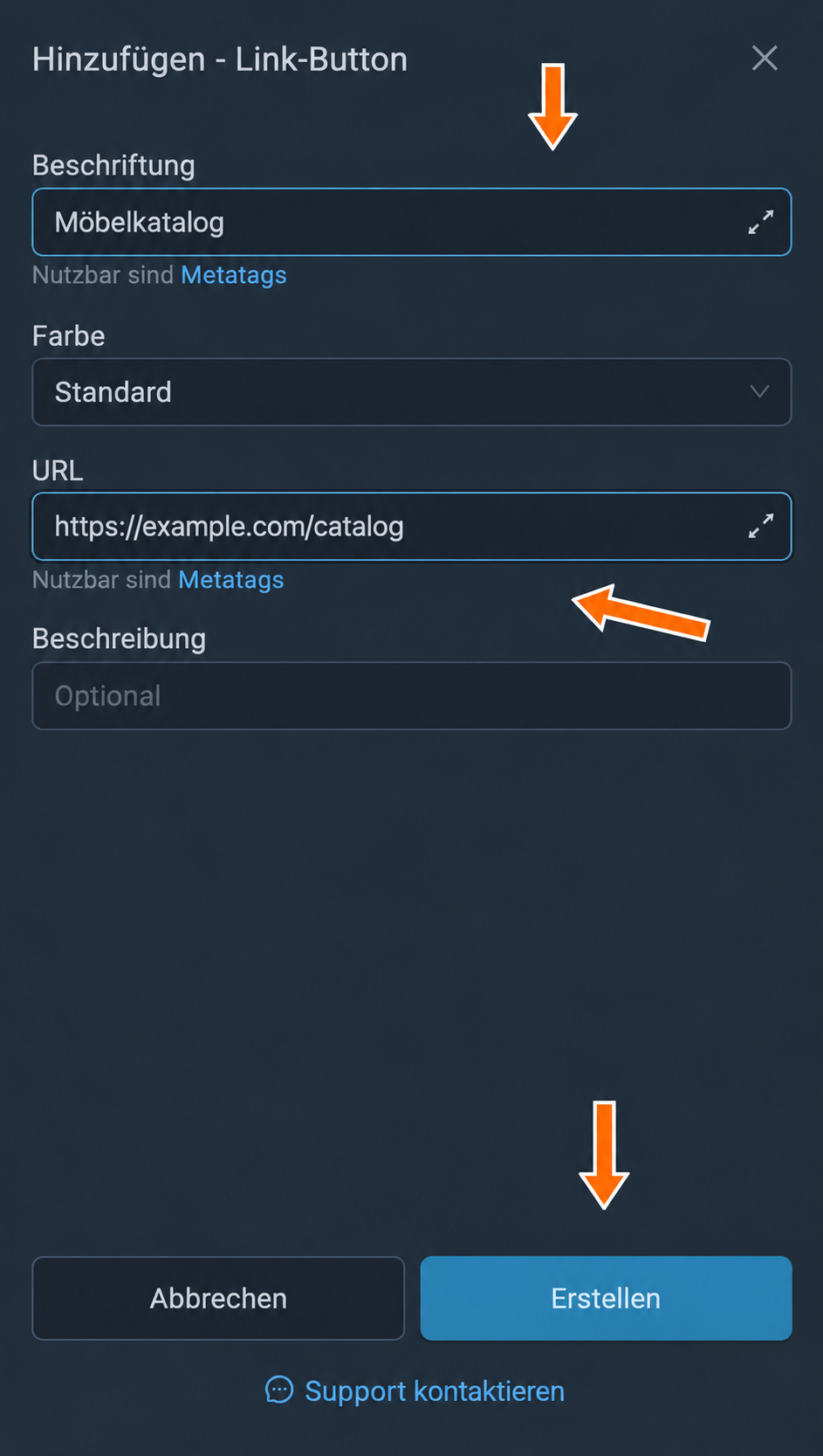 Beschriftung und Adresse des neuen Buttons