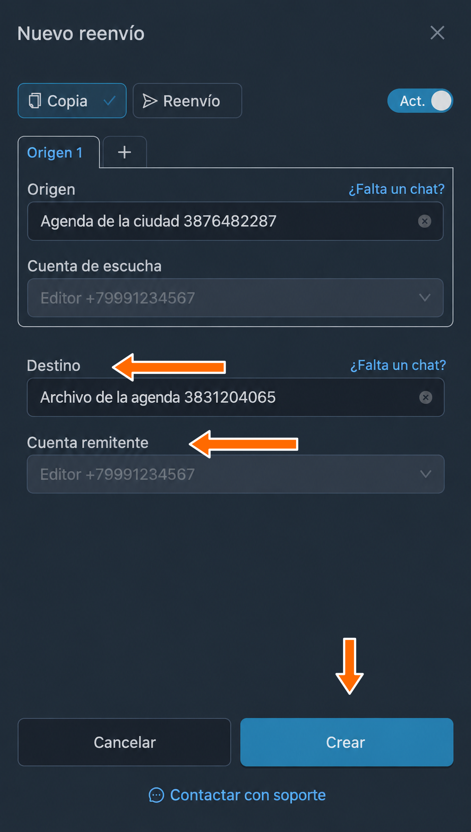 Destino, cuenta remitente y botón Crear