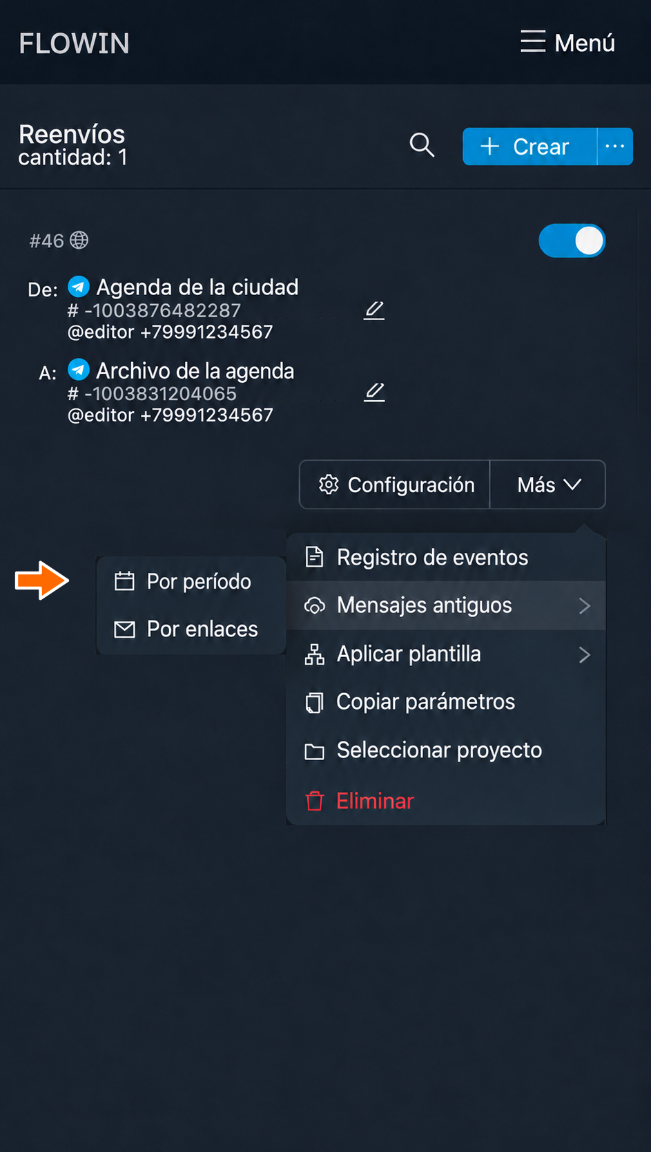 Menú para iniciar la transferencia de mensajes antiguos por período