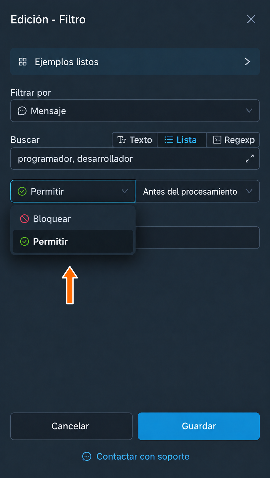 Opciones «Bloquear» y «Permitir»