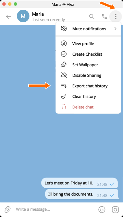 The chat menu and export command.