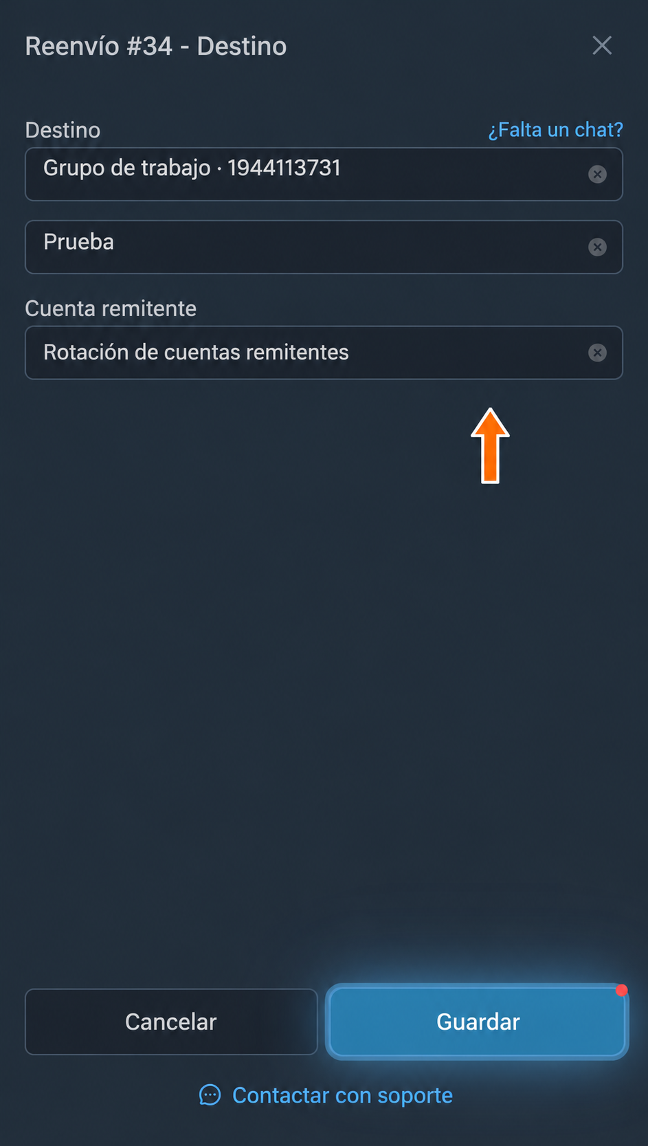 Rotación de remitentes en los ajustes del destino