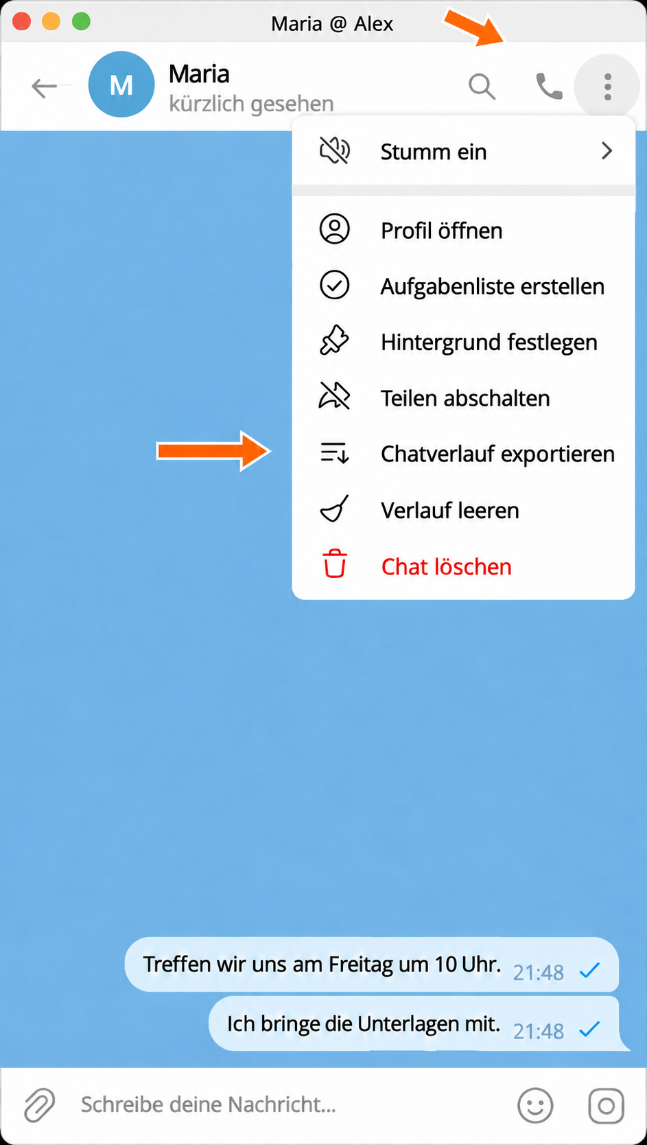 Chatmenü und Befehl zum Exportieren.