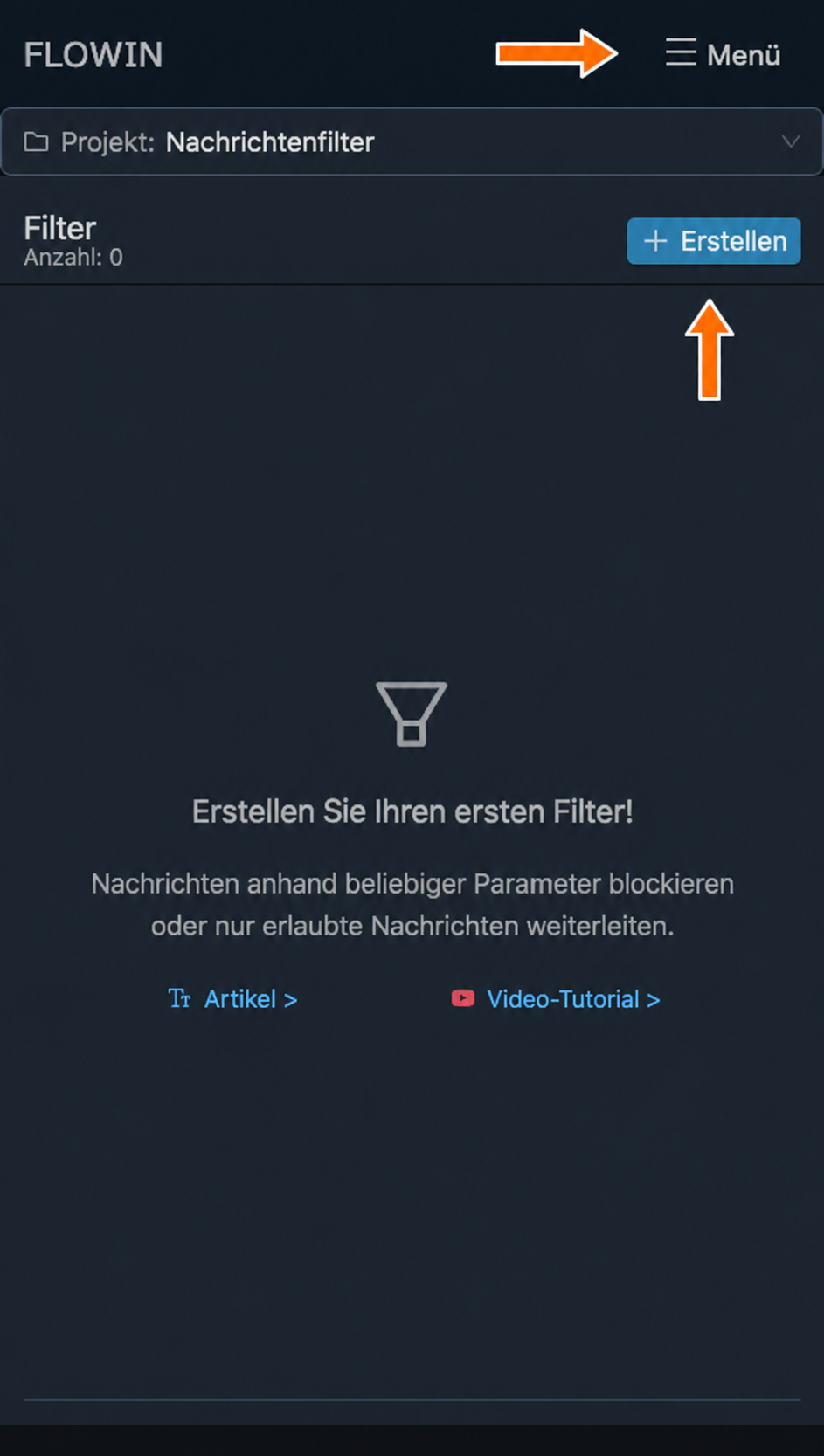Die Schaltflächen „Menü“ und „Erstellen“ auf der Filterseite