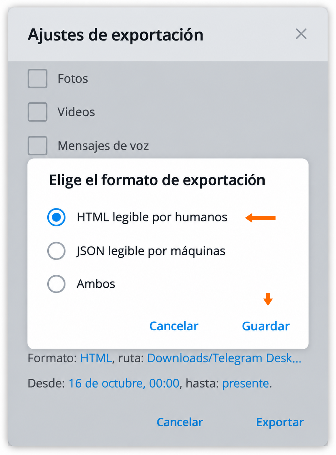 El formato HTML sirve para leer la conversación.