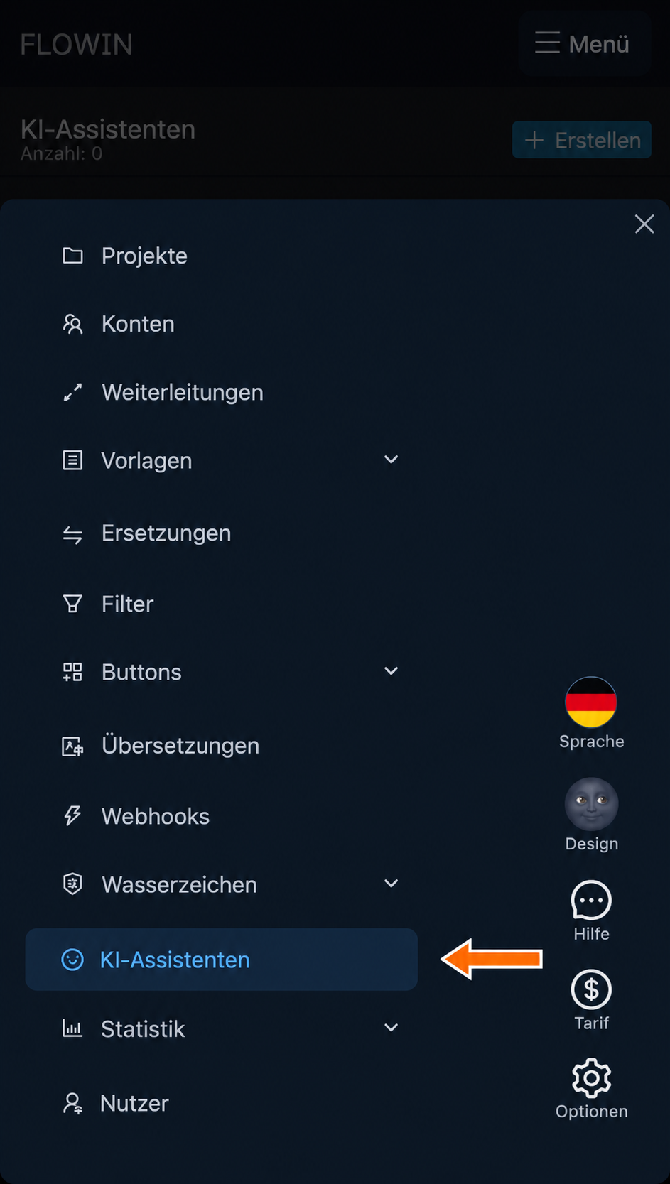 Der Bereich „KI-Assistenten“ im Menü des Dashboards