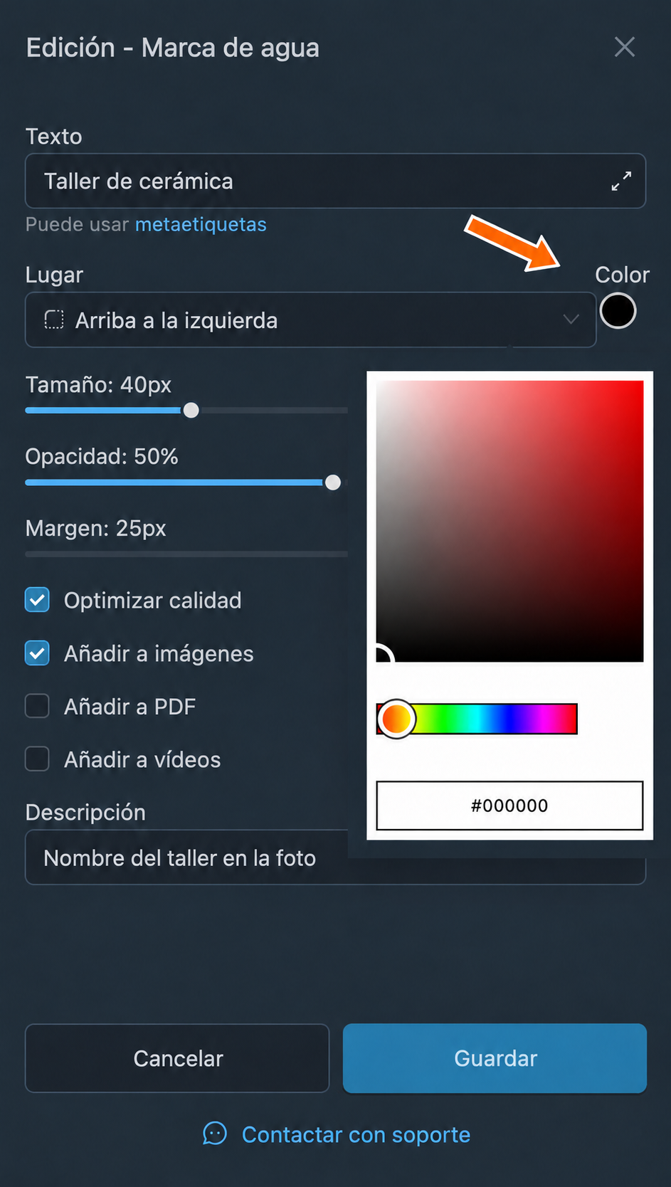 Selección del color de la inscripción