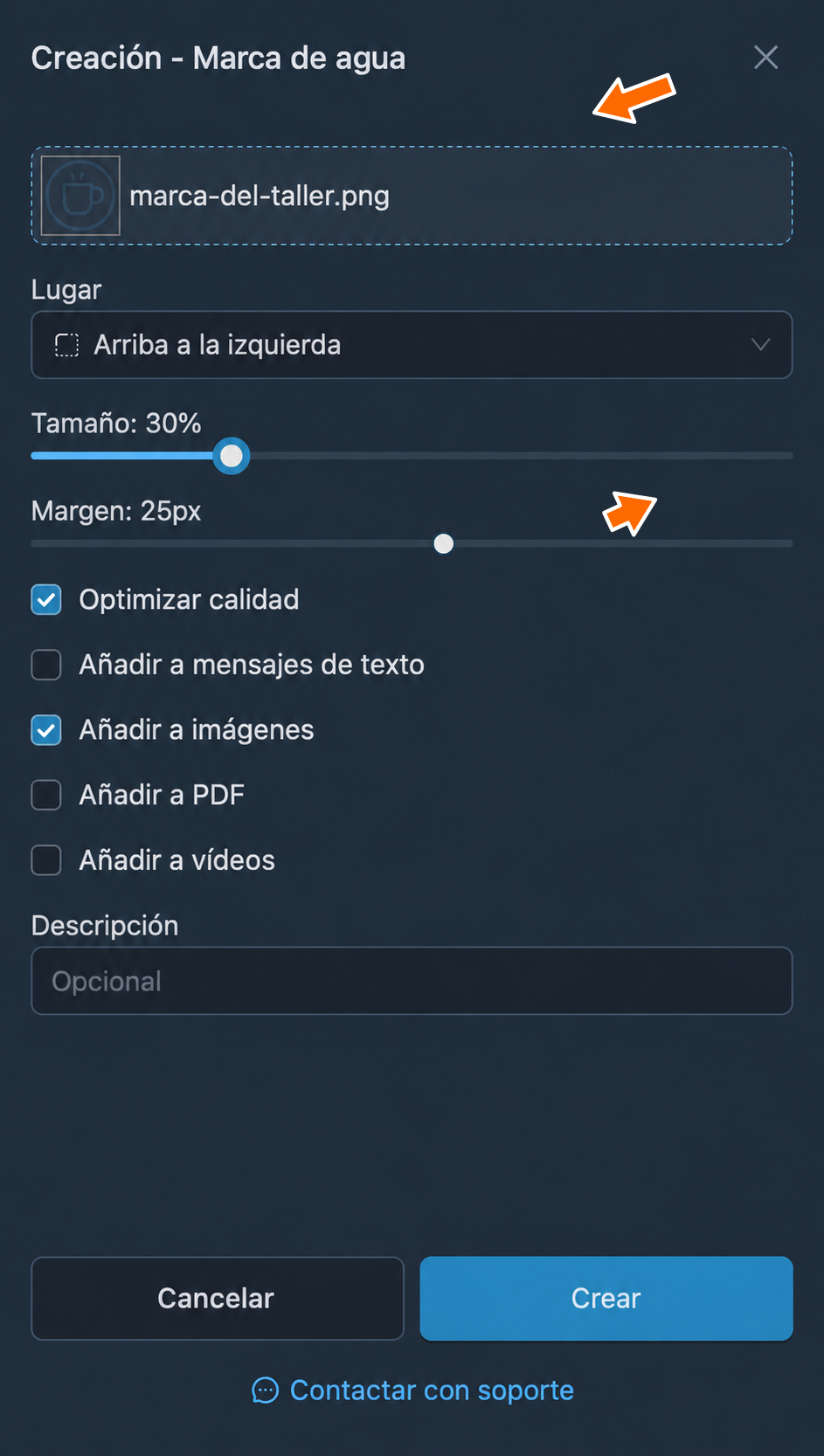 Marca del taller cargada y su tamaño
