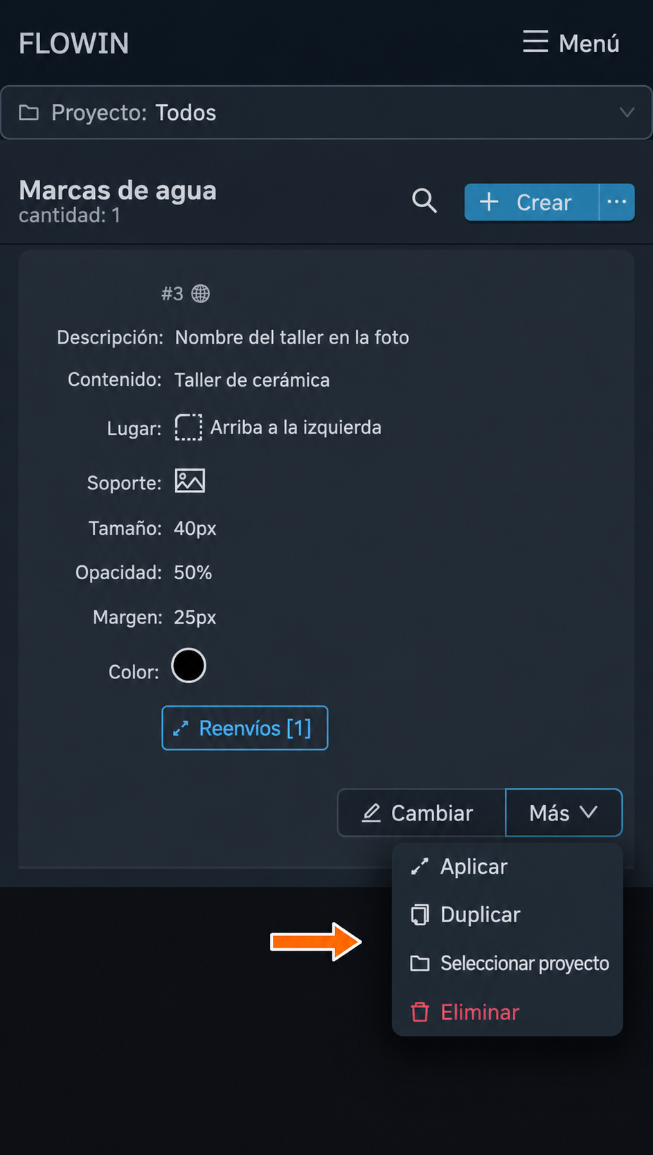 Acciones adicionales en el menú «Más»
