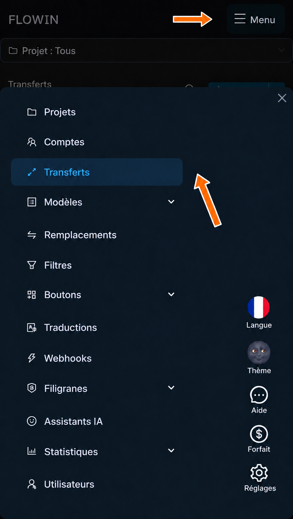 Rubrique « Transferts » dans le menu FLOWIN