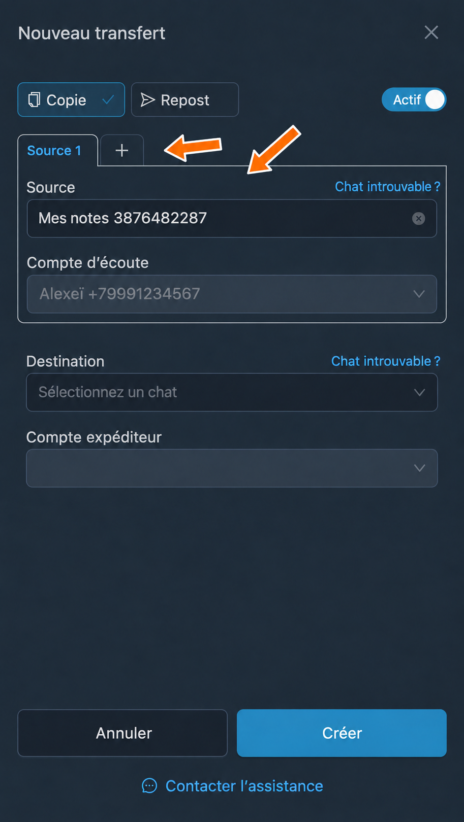 Source des messages sélectionnée