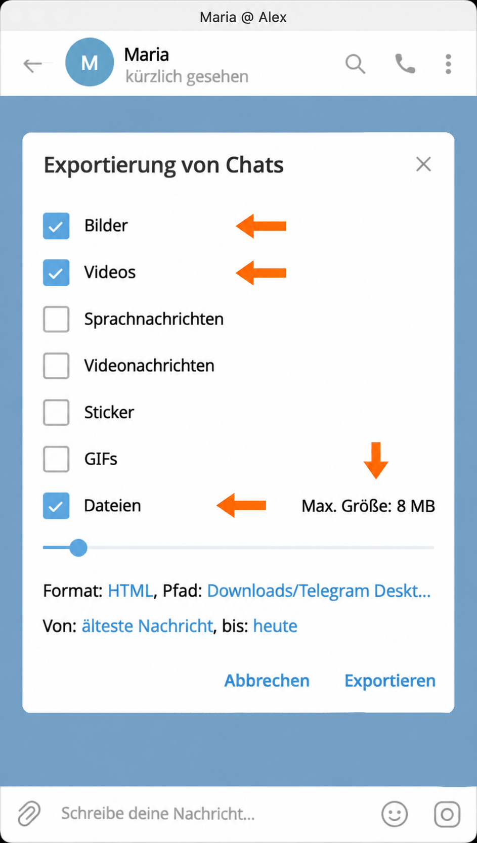 Auswahl der Anhänge und Begrenzung der Dateigröße.