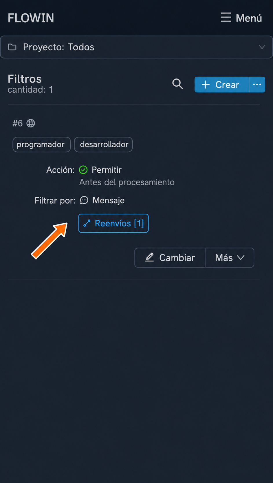 Filtro creado y reenvío vinculado