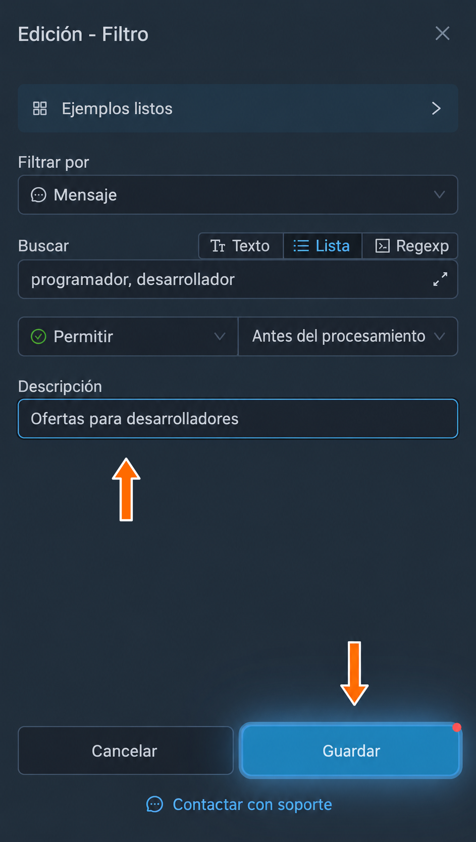 Guardado de la nueva descripción del filtro
