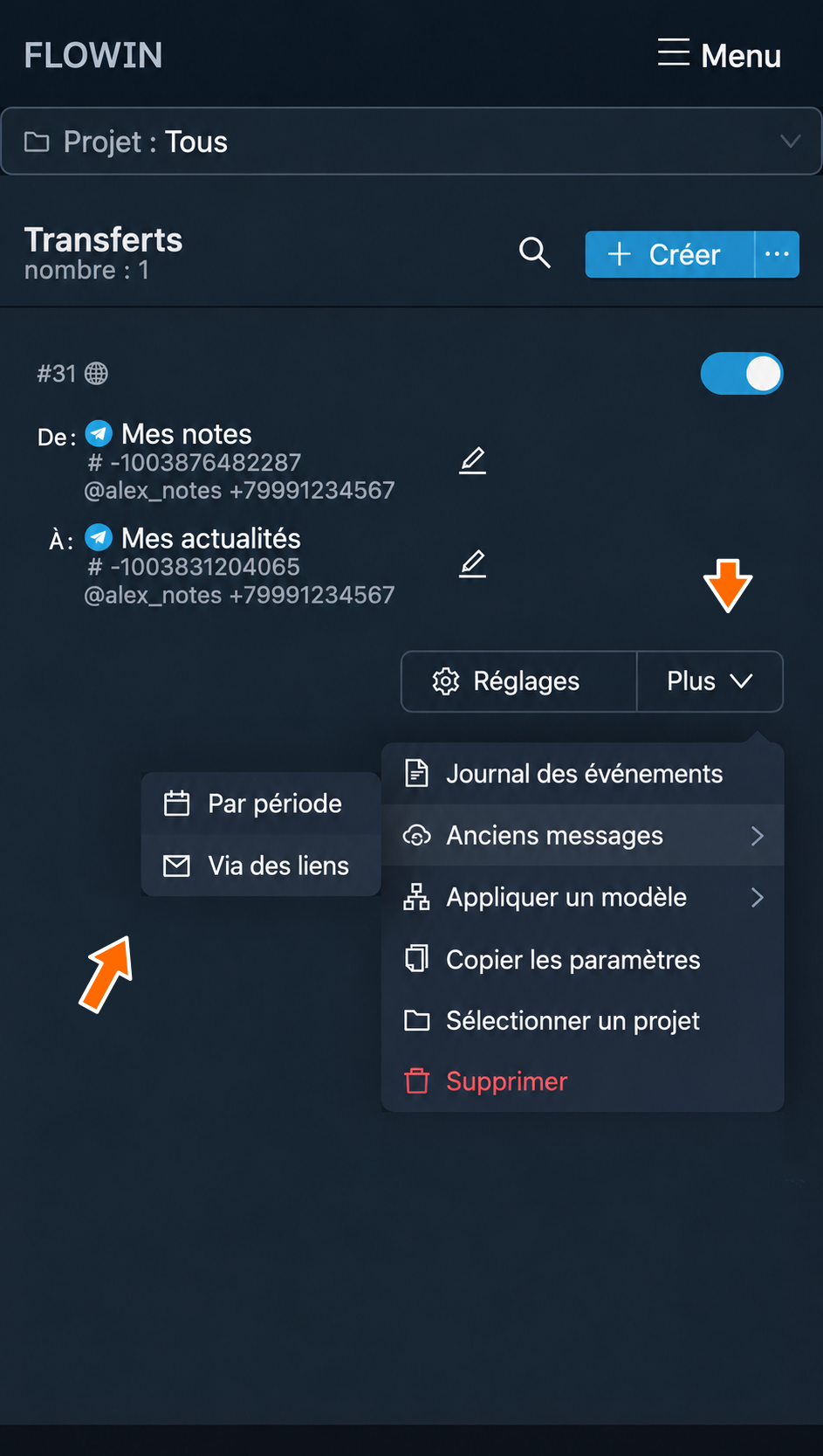 Anciens messages : lancement via des liens