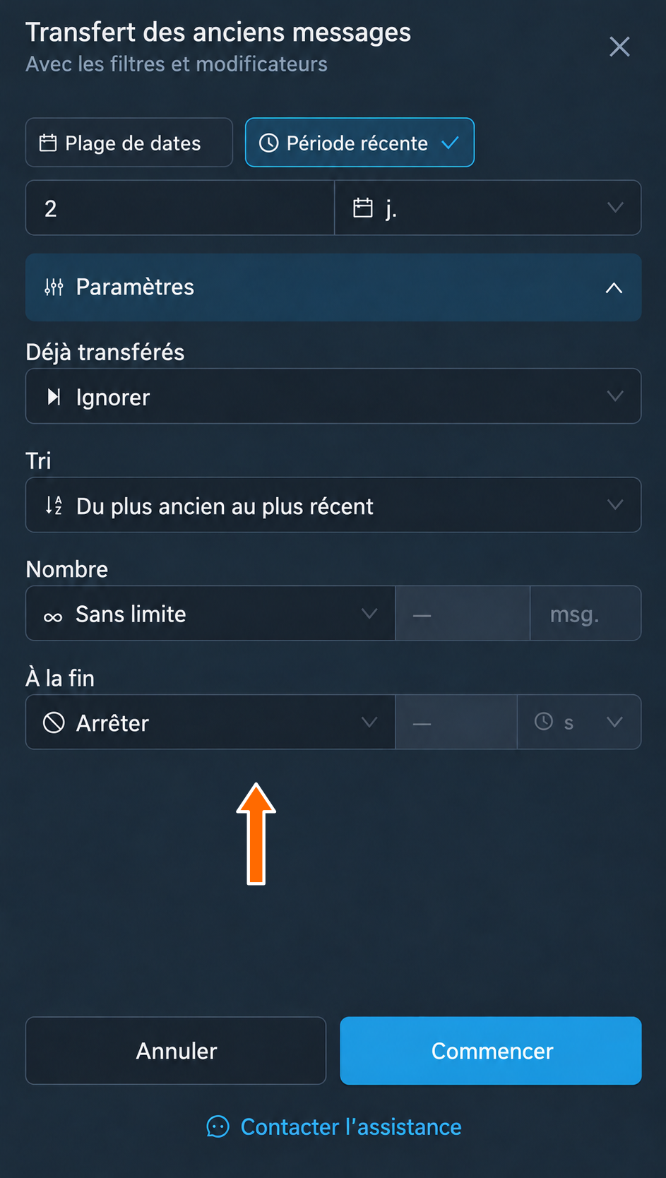 Paramètres du traitement de l’historique