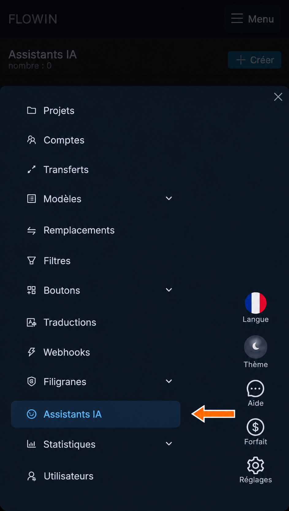 La rubrique « Assistants IA » dans le menu du tableau de bord
