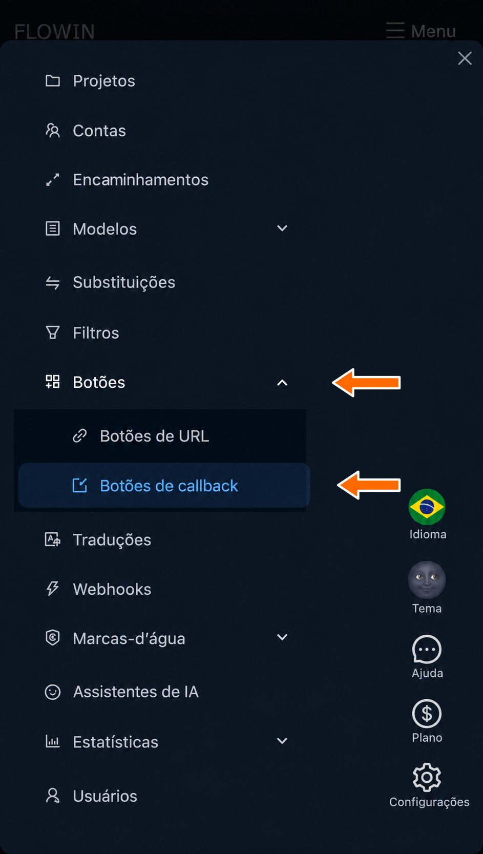 Seção “Botões de callback” no menu do FLOWIN