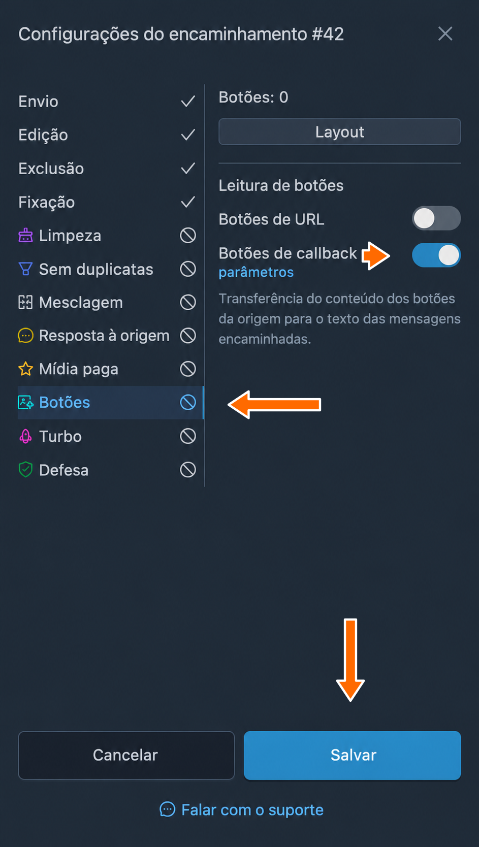Leitura de botões de callback nas configurações do encaminhamento