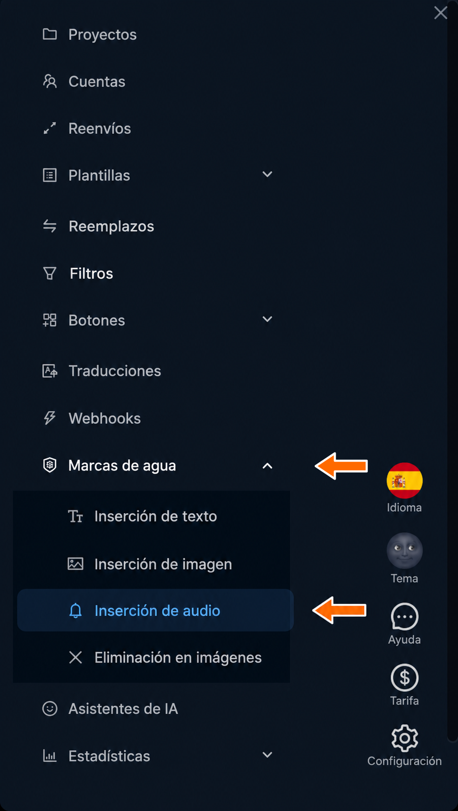 Inserción de audio en el menú de marcas de agua