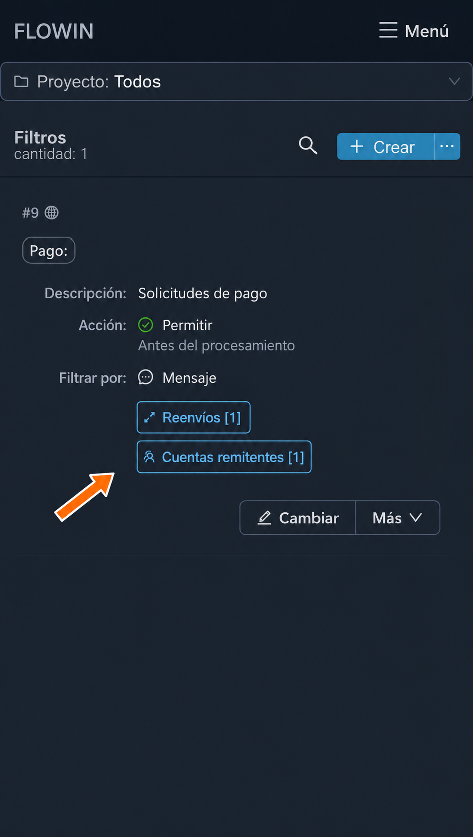 Segundo filtro para la etiqueta «Pago:» y otro remitente
