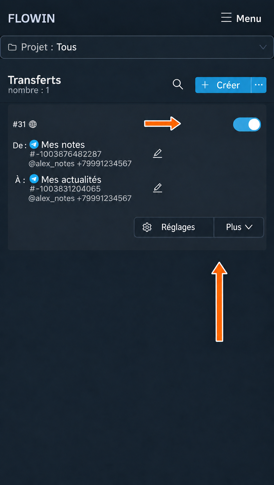 Transfert créé et activé