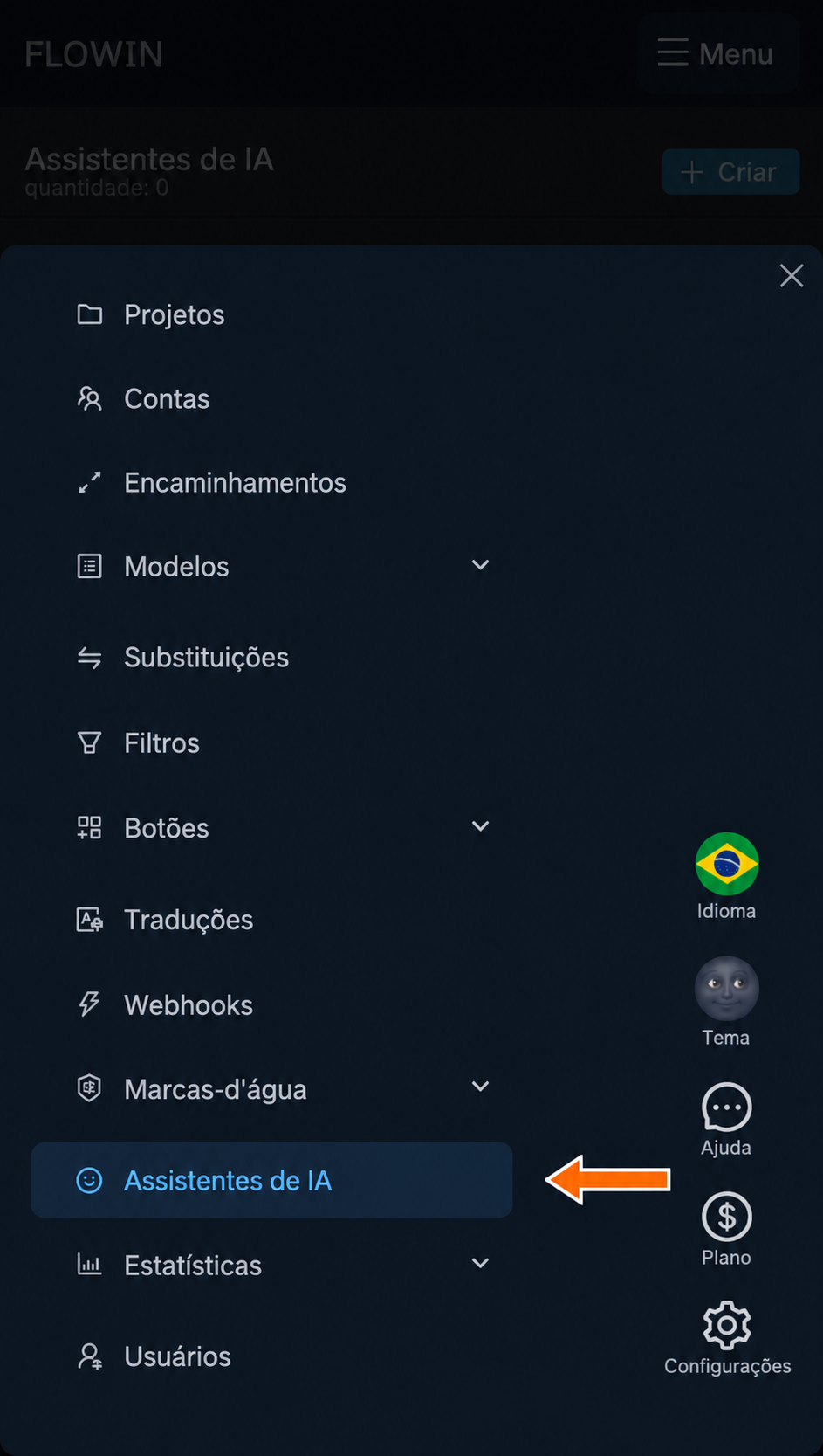 Seção “Assistentes de IA” no menu do painel de controle