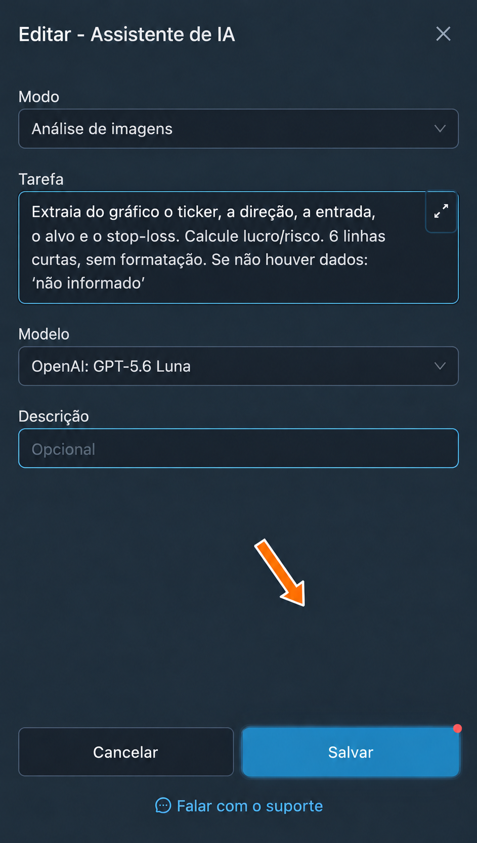 Alteração da tarefa e salvamento das configurações