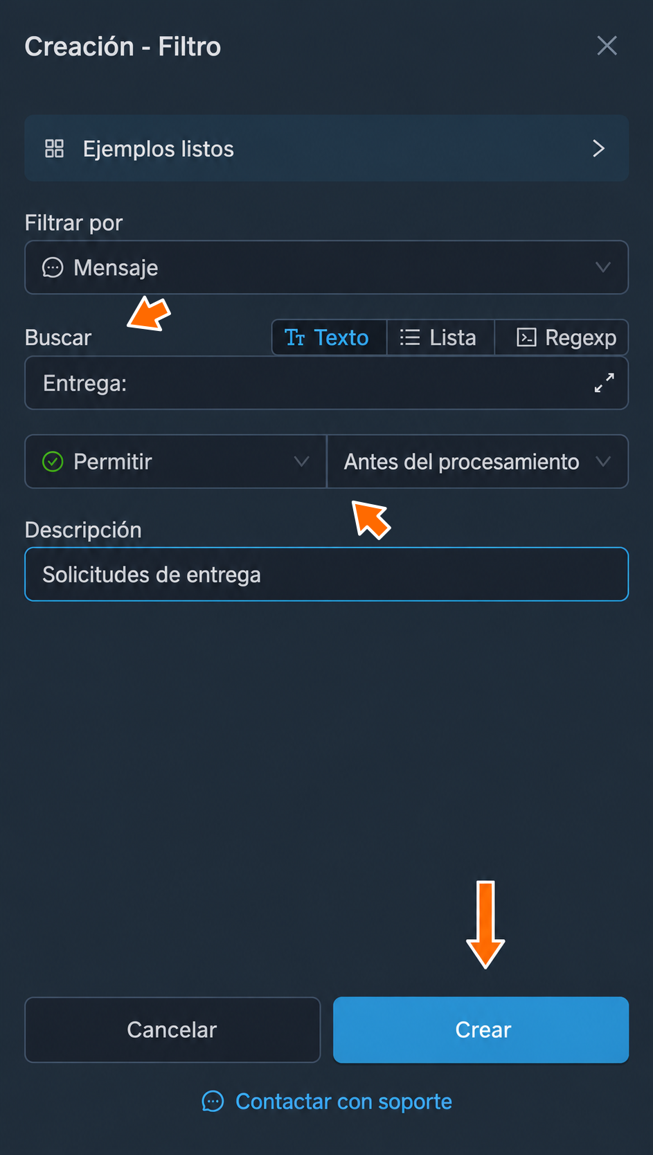 Filtro de permiso para la etiqueta «Entrega:»