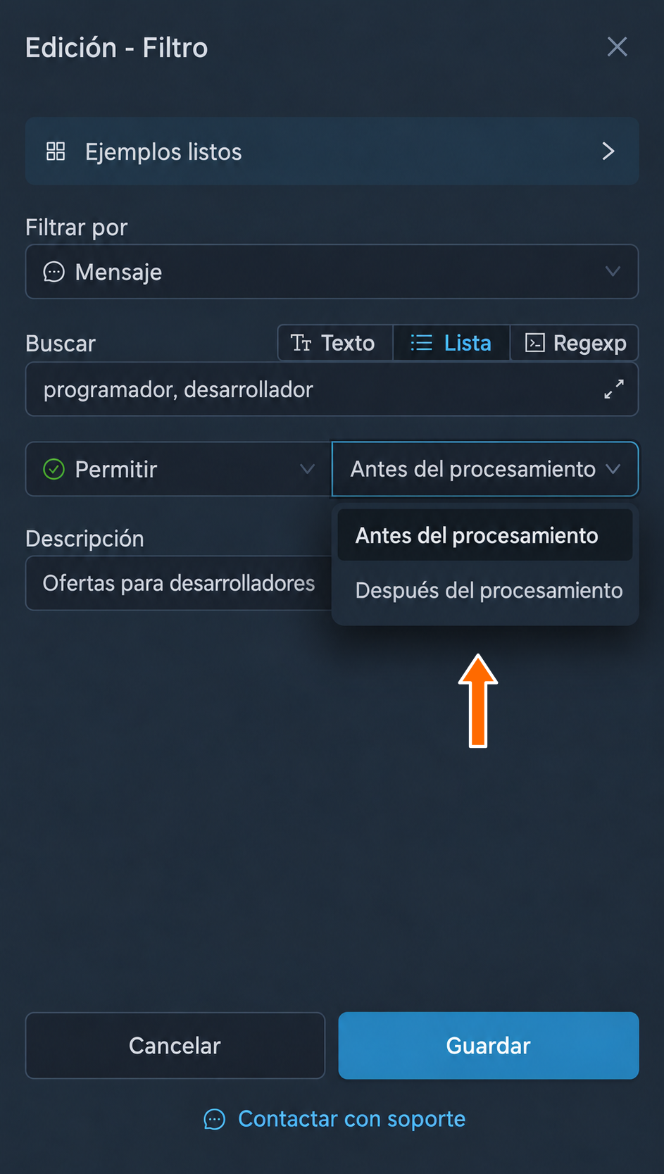 Selección del momento en que se aplica el filtro