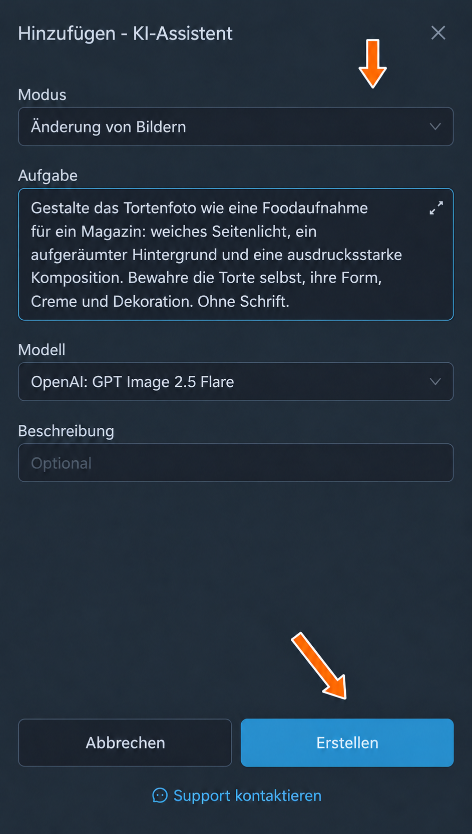 Modus auswählen, Aufgabe angeben und Verarbeitung erstellen