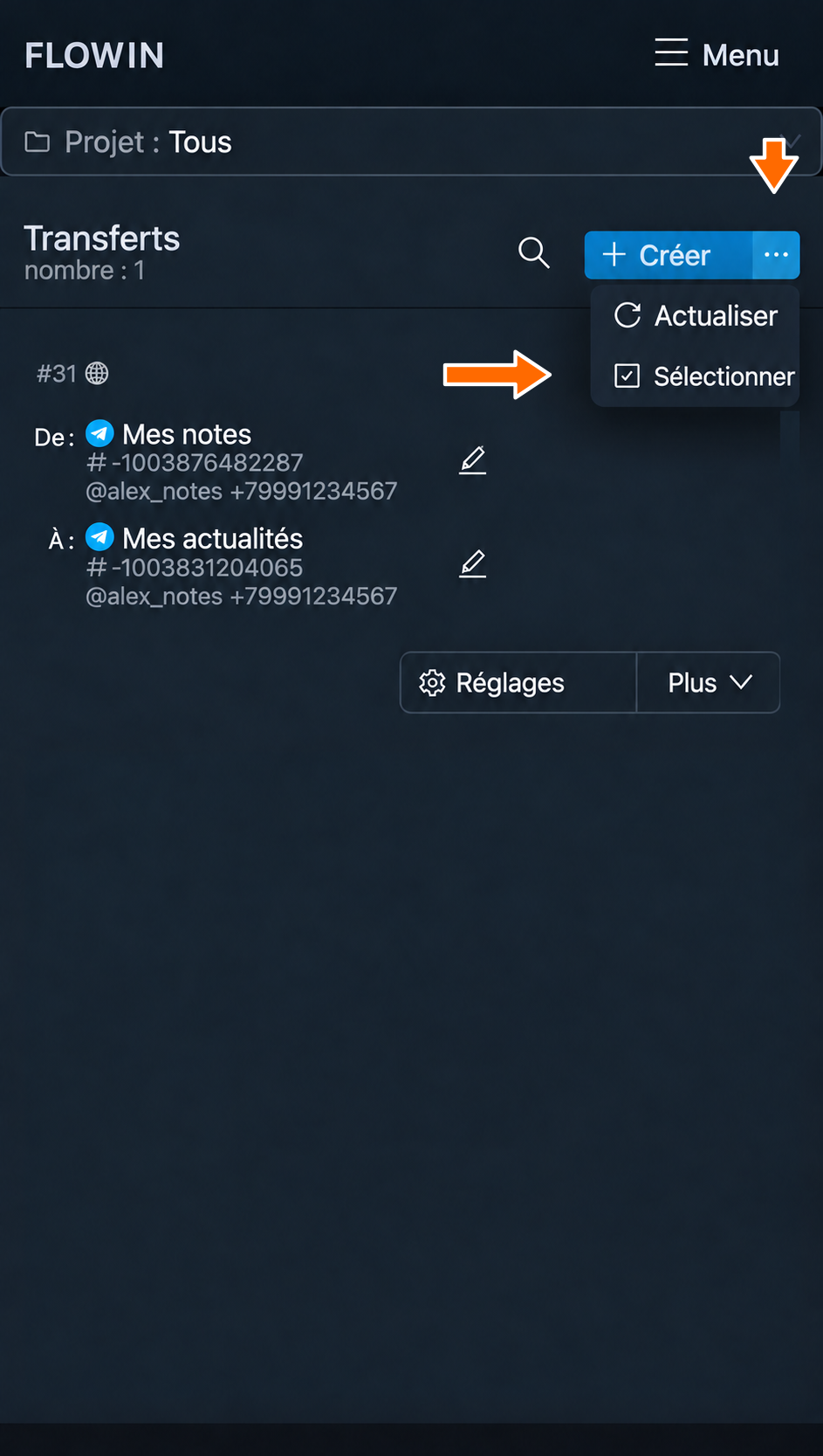 Activation du mode de sélection des transferts
