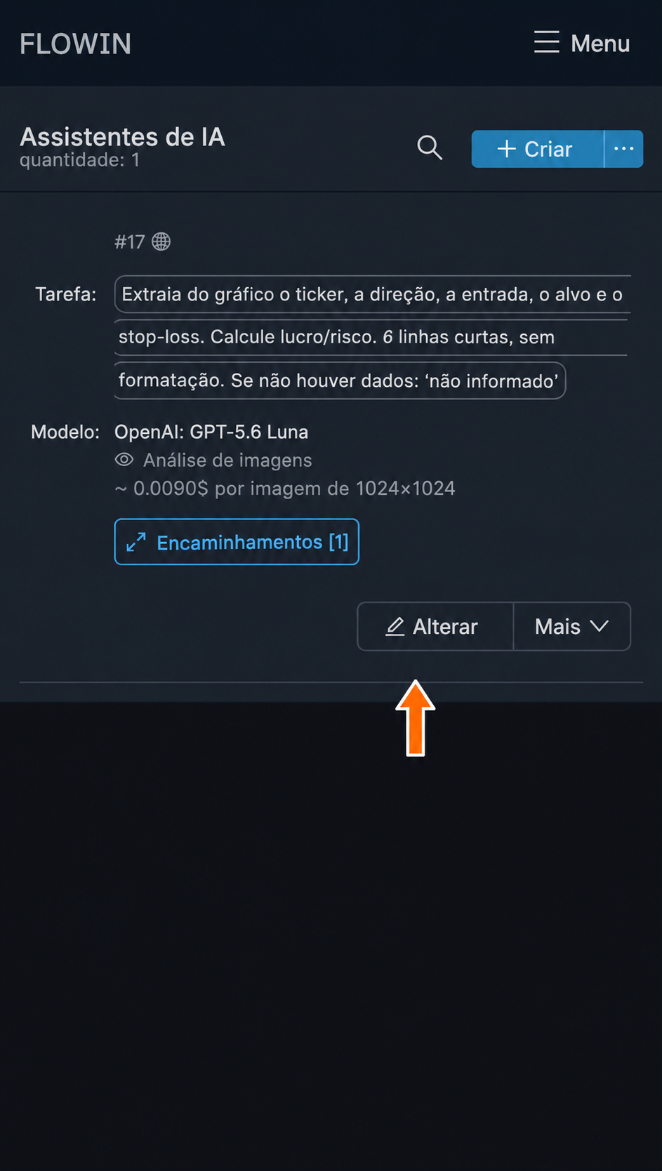 O botão “Alterar” abre as configurações de processamento