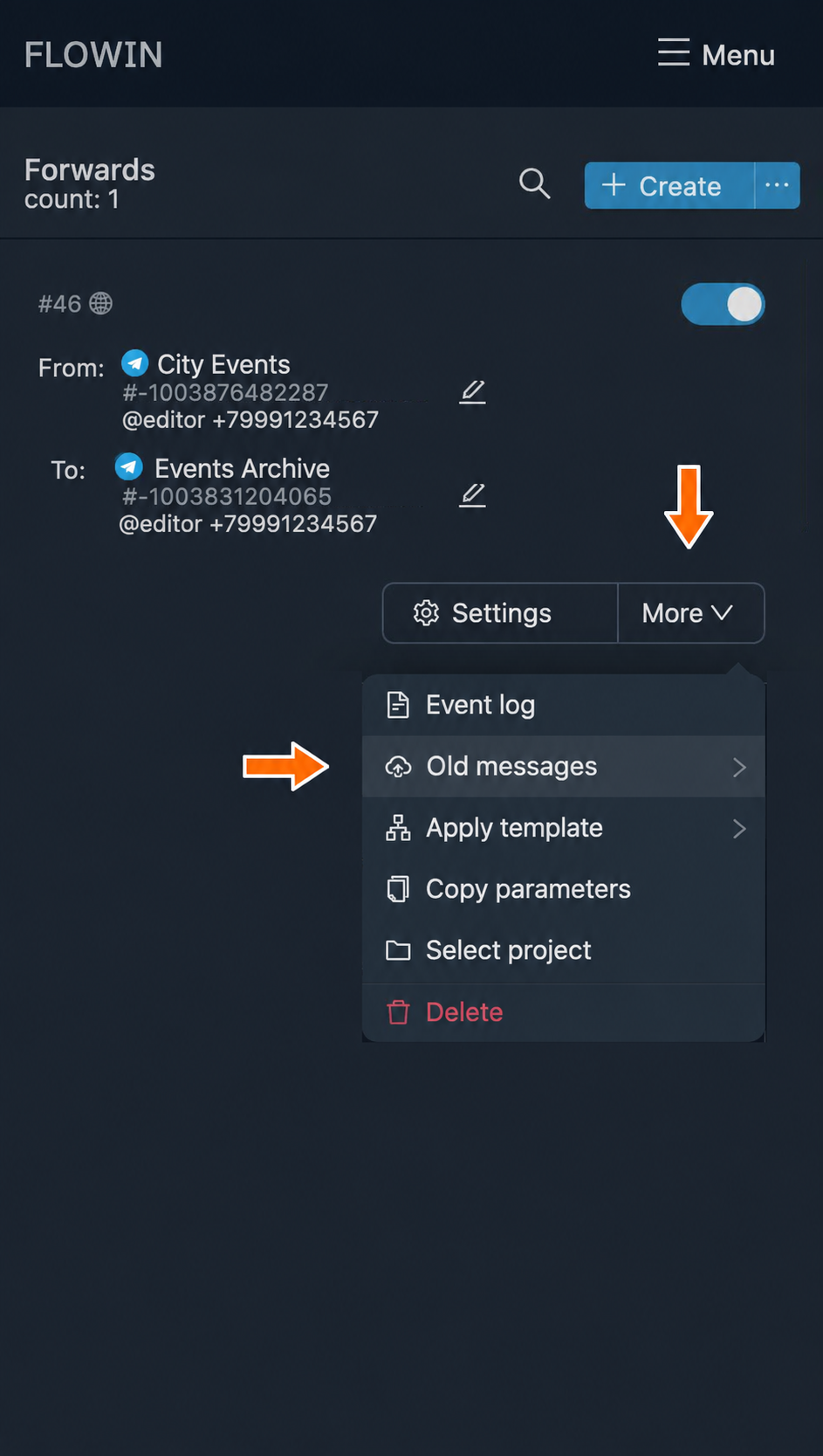 The Old messages action in the More menu