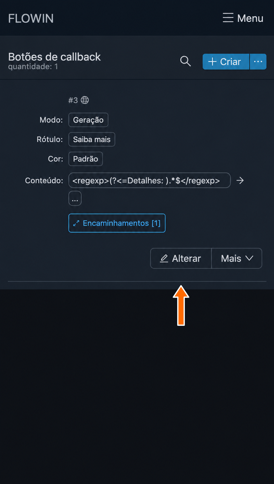 Abertura das configurações principais do botão
