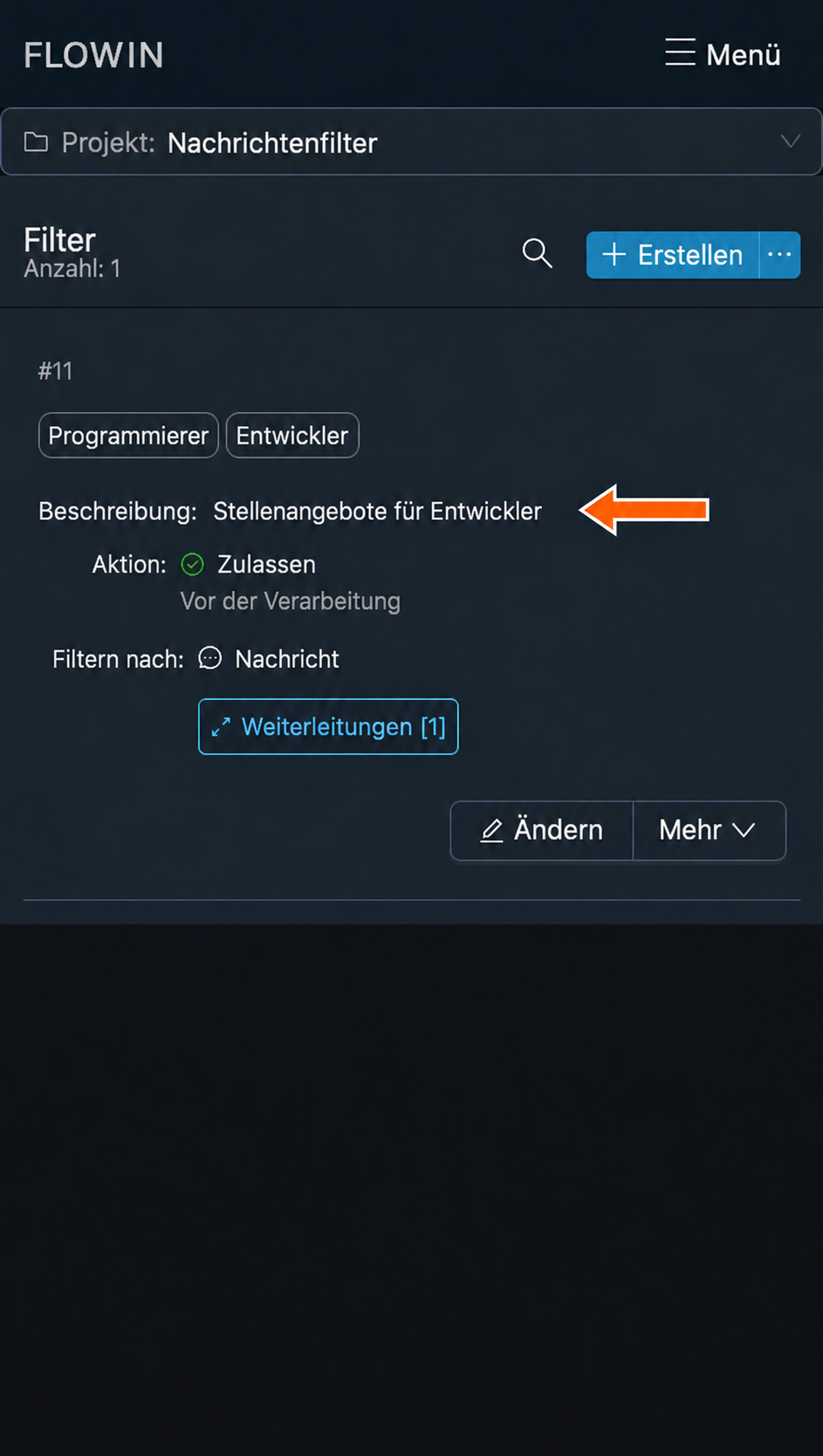 Die neue Beschreibung in der Zeile des Filters