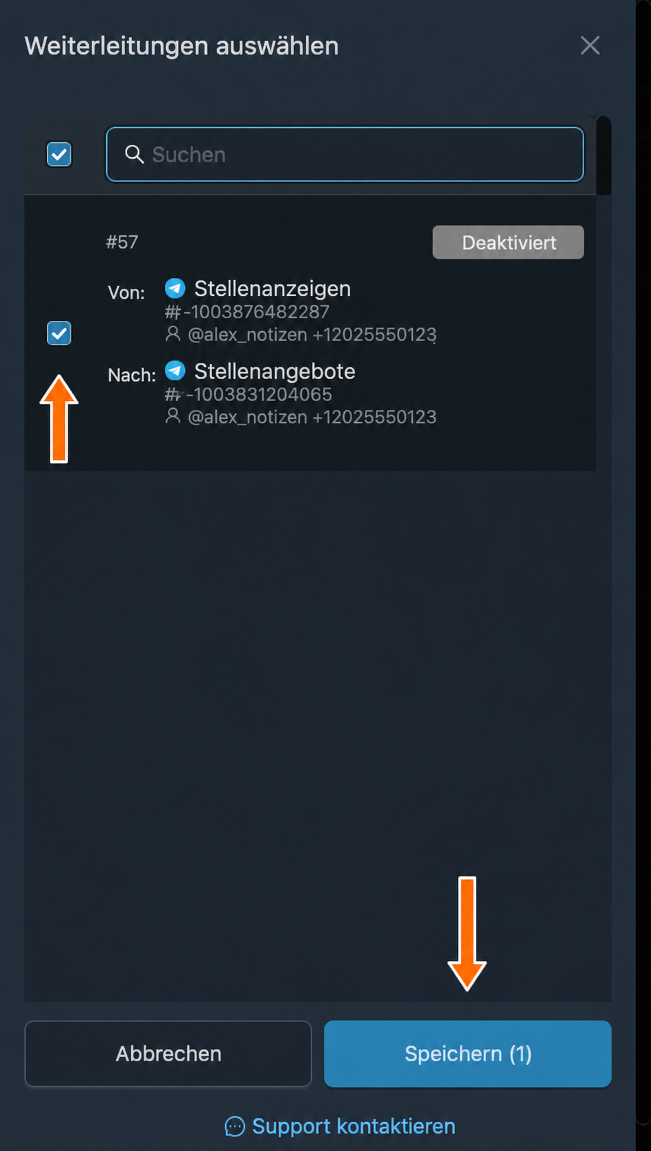 Die ausgewählte Weiterleitung vor dem Speichern der Zuordnung