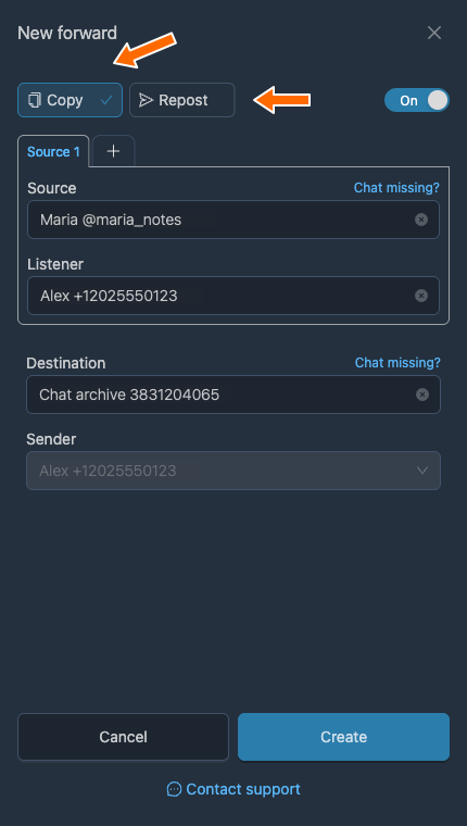 Copy and Repost modes.