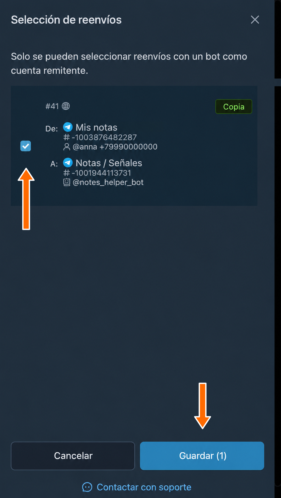 Selección del reenvío con un bot como cuenta remitente