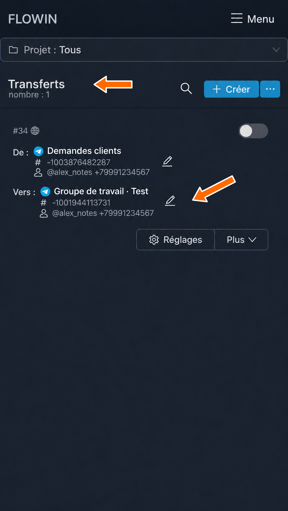 Modification de la destination du transfert