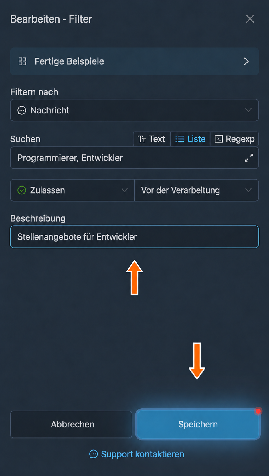 Die neue Filterbeschreibung speichern
