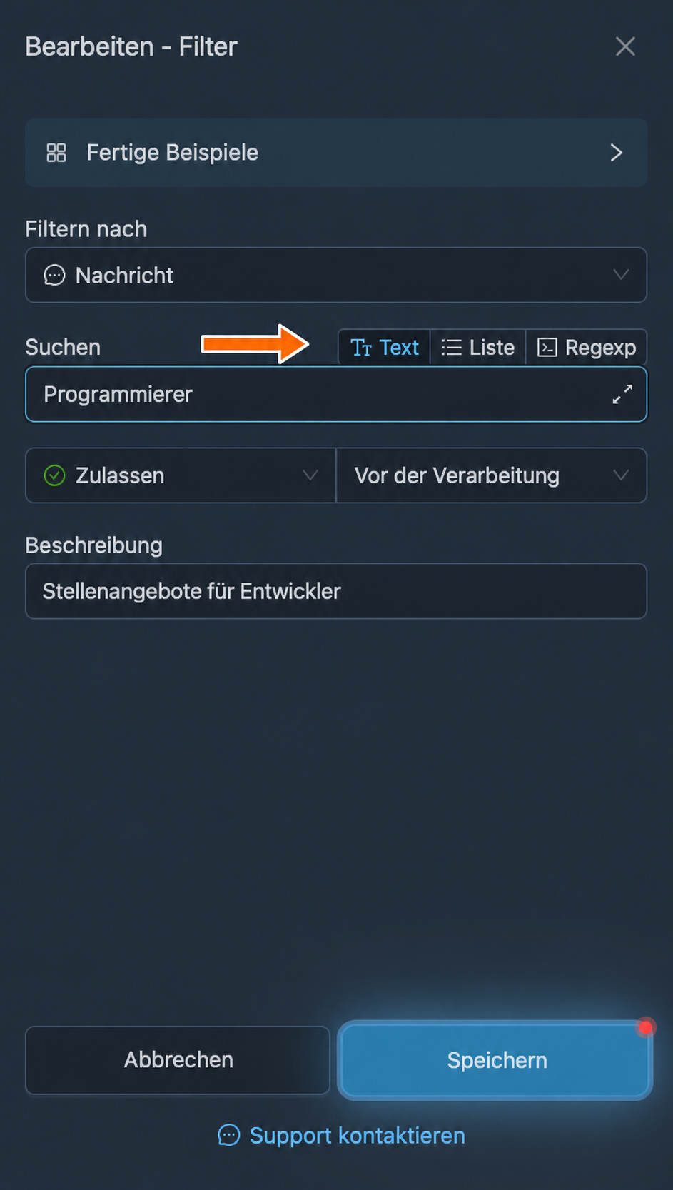 Suche nach einer Zeichenfolge im Modus „Text“